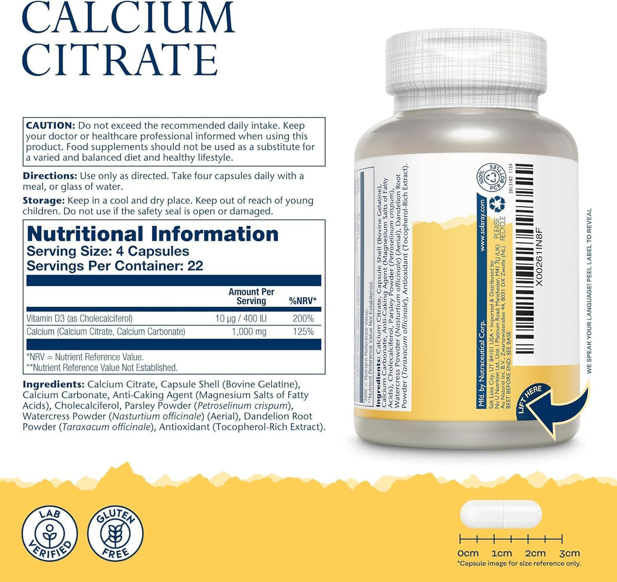 Solaray Calcium Vitamin D3 bottle with nutritional facts and dosage instructions for bone health shown.