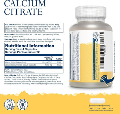 Solaray Calcium Vitamin D3 bottle with nutritional facts and dosage instructions for bone health shown.