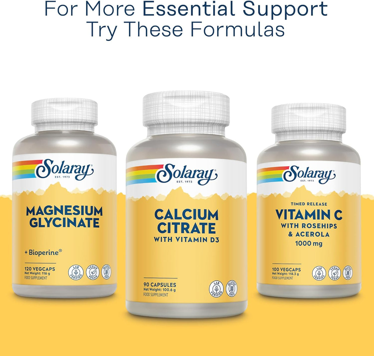 Three Solaray bottles: Magnesium Glycinate, Calcium Vitamin D3 for bones, and Vitamin C with rosehips.