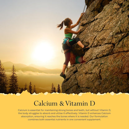 Woman climbs at sunset, mountains behind—showcasing Solaray Calcium Vitamin D3 for strong, healthy bones.