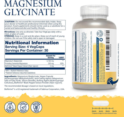 Solaray Magnesium Glycinate bottle close up with label showing dosage and directions