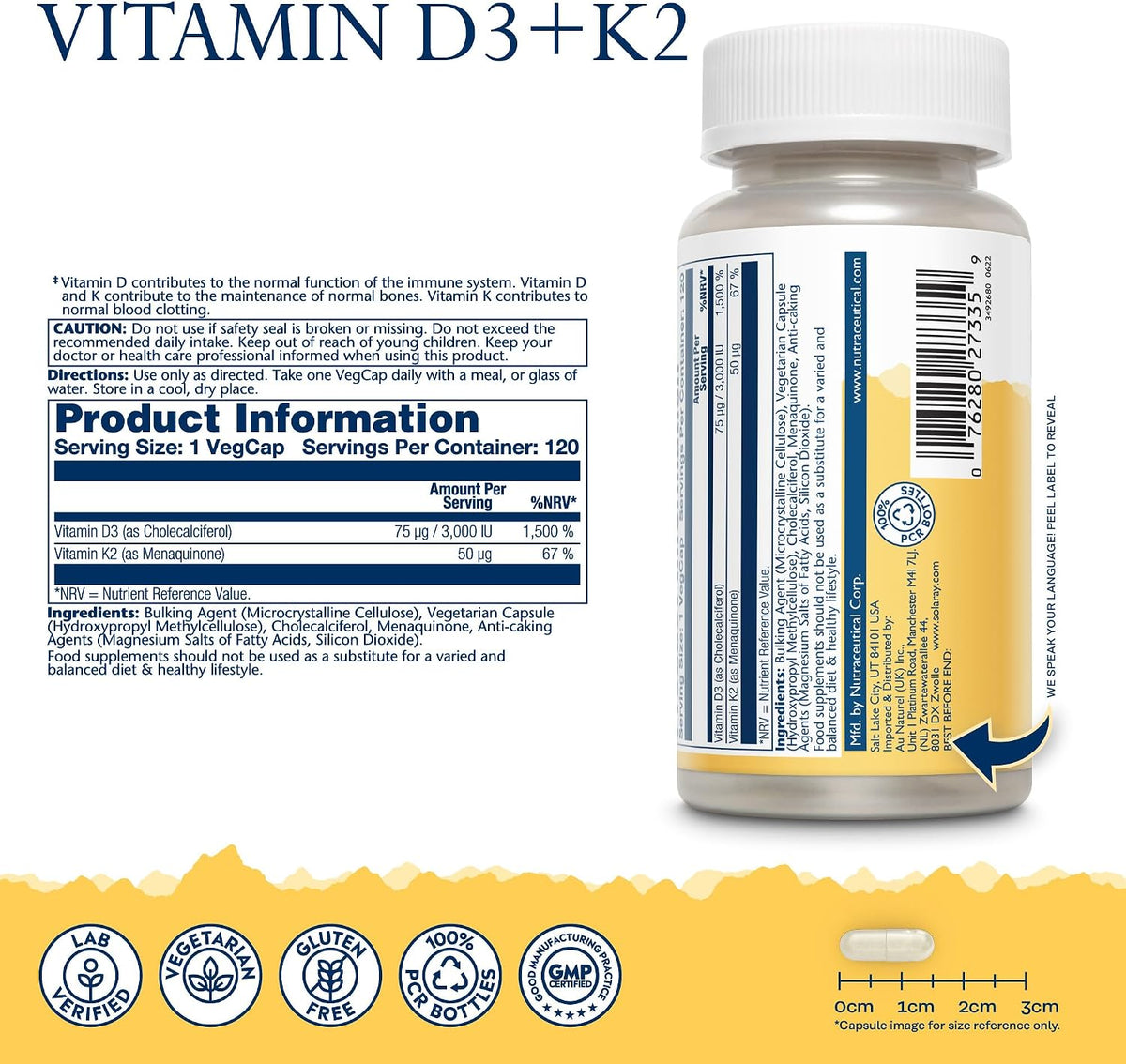 Stay Active bundle vitamin D3 plus K2 supplement bottle with white cap and nutrition facts panel