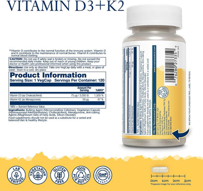 Stay Active bundle vitamin D3 plus K2 supplement bottle with white cap and nutrition facts panel