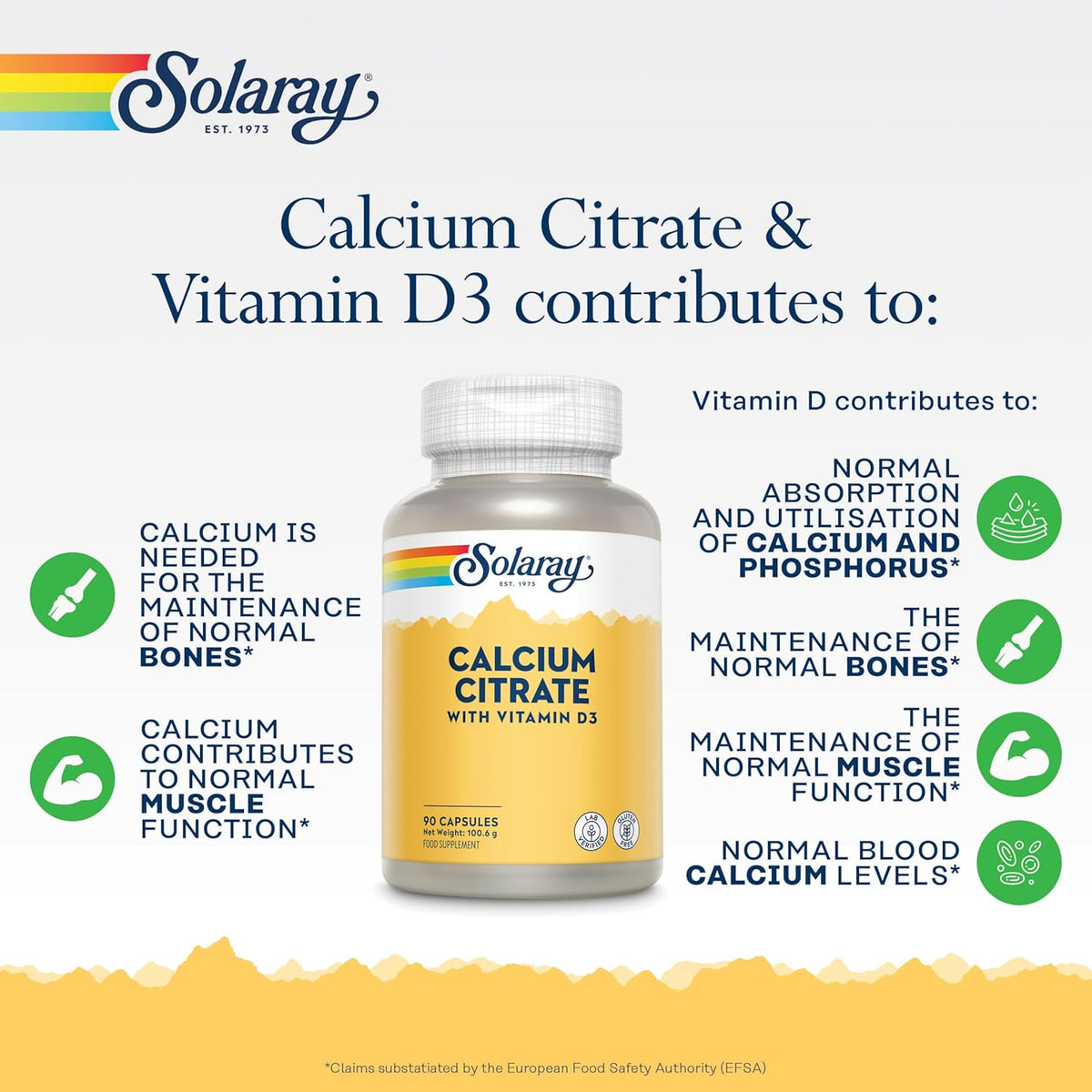 Solaray Calcium Vitamin D3 is a supplement that supports bone health and muscle function benefits.