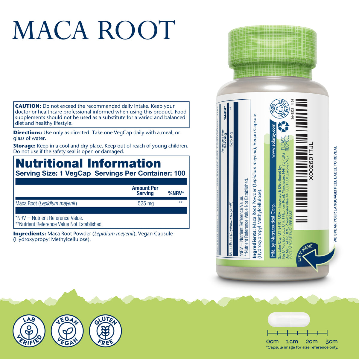 Solaray Maca Root vegan supplement capsules with supplement facts and certification icons on a white background.
