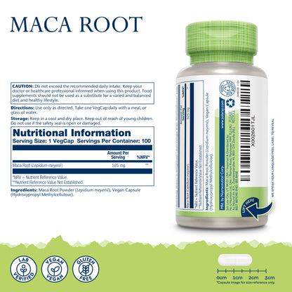 Solaray Maca Root vegan supplement capsules with supplement facts and certification icons on a white background.