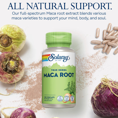 Solaray Maca Root bottle with capsules; vegan supplement for mind, body & soul.