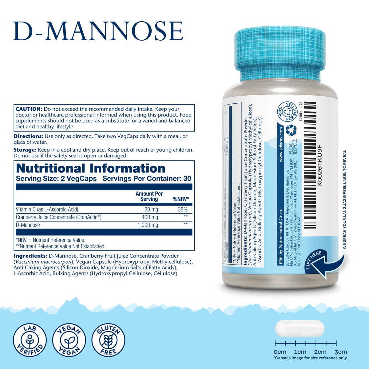 A bottle of Solaray D-Mannose Cranberry, with nutrition info, caution, vegan and gluten-free icons on the label.