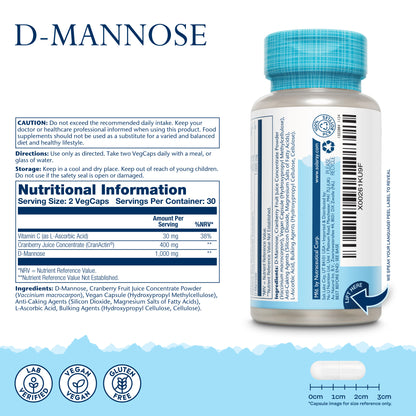A bottle of Solaray D-Mannose Cranberry, with nutrition info, caution, vegan and gluten-free icons on the label.