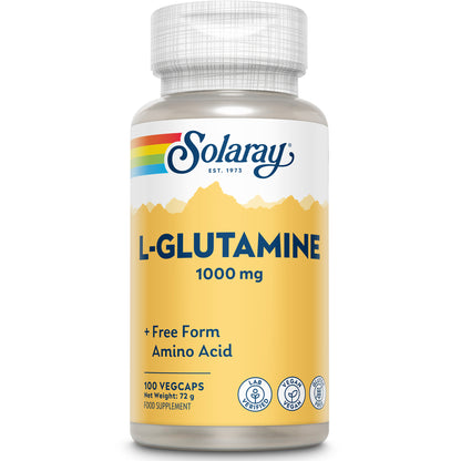 Solaray L-Glutamine 1000 mg, 100 vegan capsules, comes in a yellow-labeled bottle.