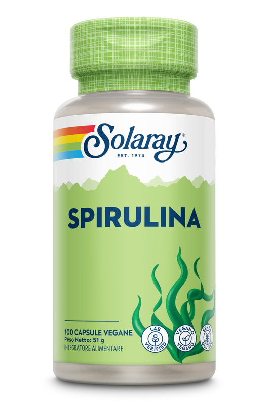 Capsule vegane di Spirulina Solaray in un flacone con etichetta verde e immagini di alghe marine.