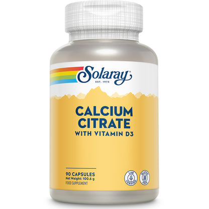 Solaray Calcium Vitamin D3, 90 capsules—supports bone health with calcium and vitamin D3.