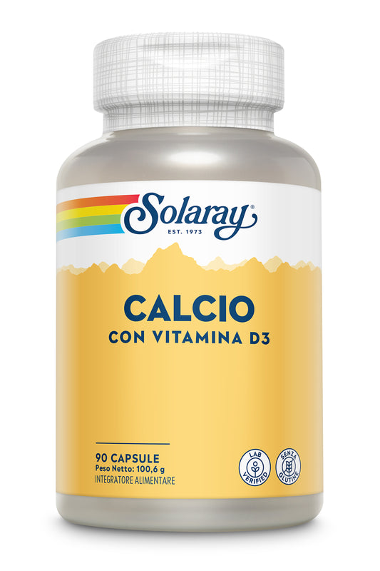 Flacone di Solaray Calcio Vitamina D3, 90 capsule, integratore per le ossa in confezione gialla/bianca.