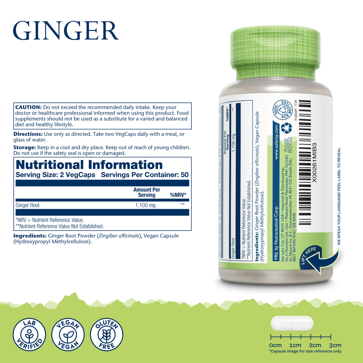 Solaray Ginger: High-strength herbal supplement with label, nutrition facts, and vegan, lab-tested icons.