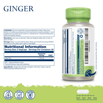 Solaray Ginger: High-strength herbal supplement with label, nutrition facts, and vegan, lab-tested icons.
