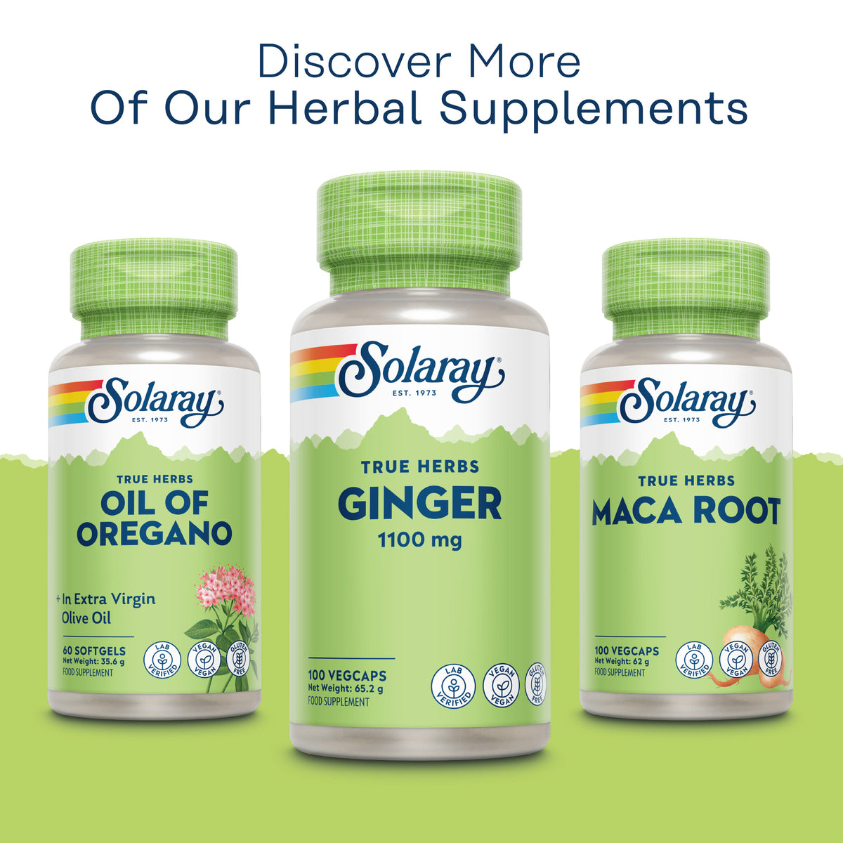 Three Solaray herbal bottles: Ginger, Oil of Oregano, and Maca Root—each with a green cap.