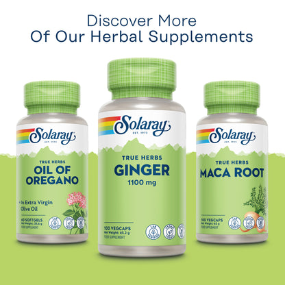 Three Solaray herbal bottles: Ginger, Oil of Oregano, and Maca Root—each with a green cap.