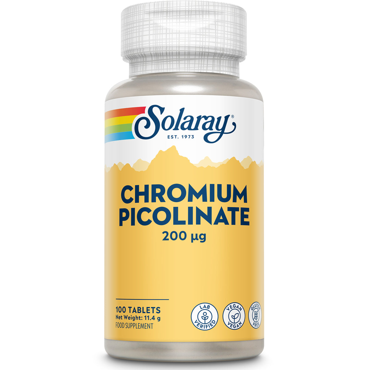 Solaray Chromium Picolinate, 200 mcg, 100 tablets—supports blood glucose. Yellow label, white cap.