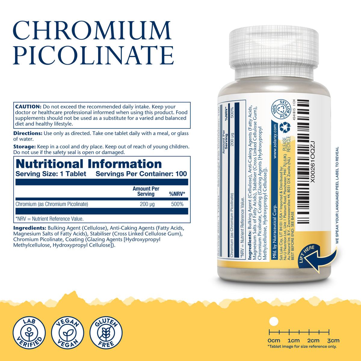 A bottle of Solaray Chromium Picolinate tablets with supplement facts and label details displayed beside it.