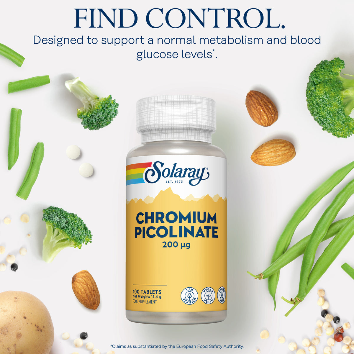 Solaray Chromium Picolinate bottle with veggies, nuts, and blood glucose support text on white background.
