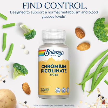 Solaray Chromium Picolinate bottle with veggies, nuts, and blood glucose support text on white background.