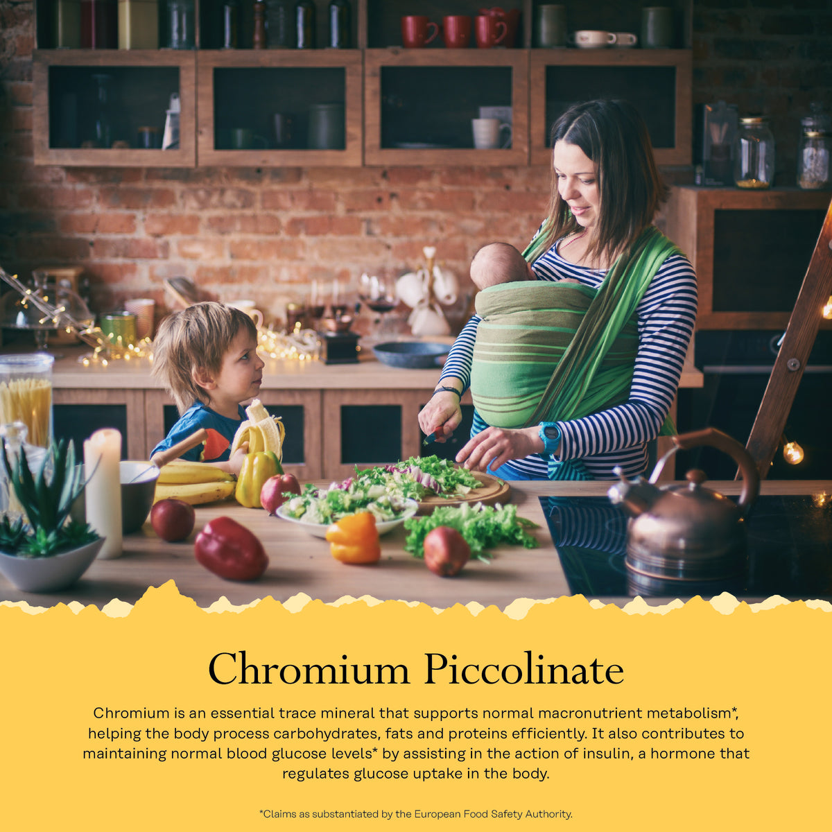 A mother and kids cook together, highlighting the role of Solaray Chromium Picolinate in family blood glucose support.