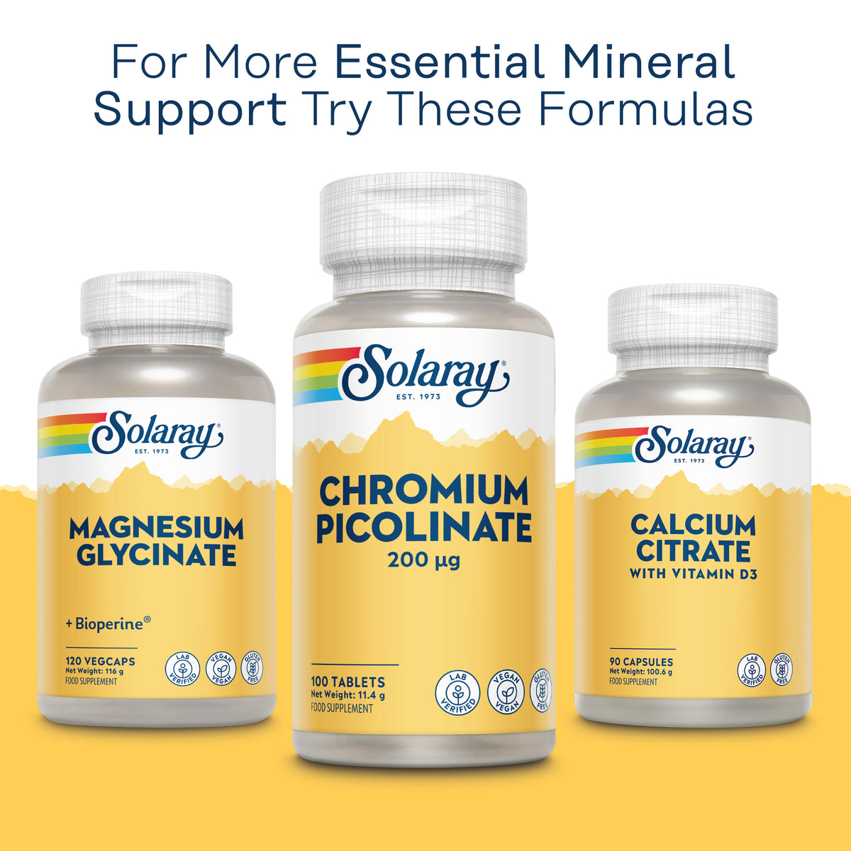 Three Solaray bottles: Magnesium Glycinate, Chromium Picolinate, and Calcium Citrate with Vitamin D3.