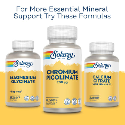 Three Solaray bottles: Magnesium Glycinate, Chromium Picolinate, and Calcium Citrate with Vitamin D3.