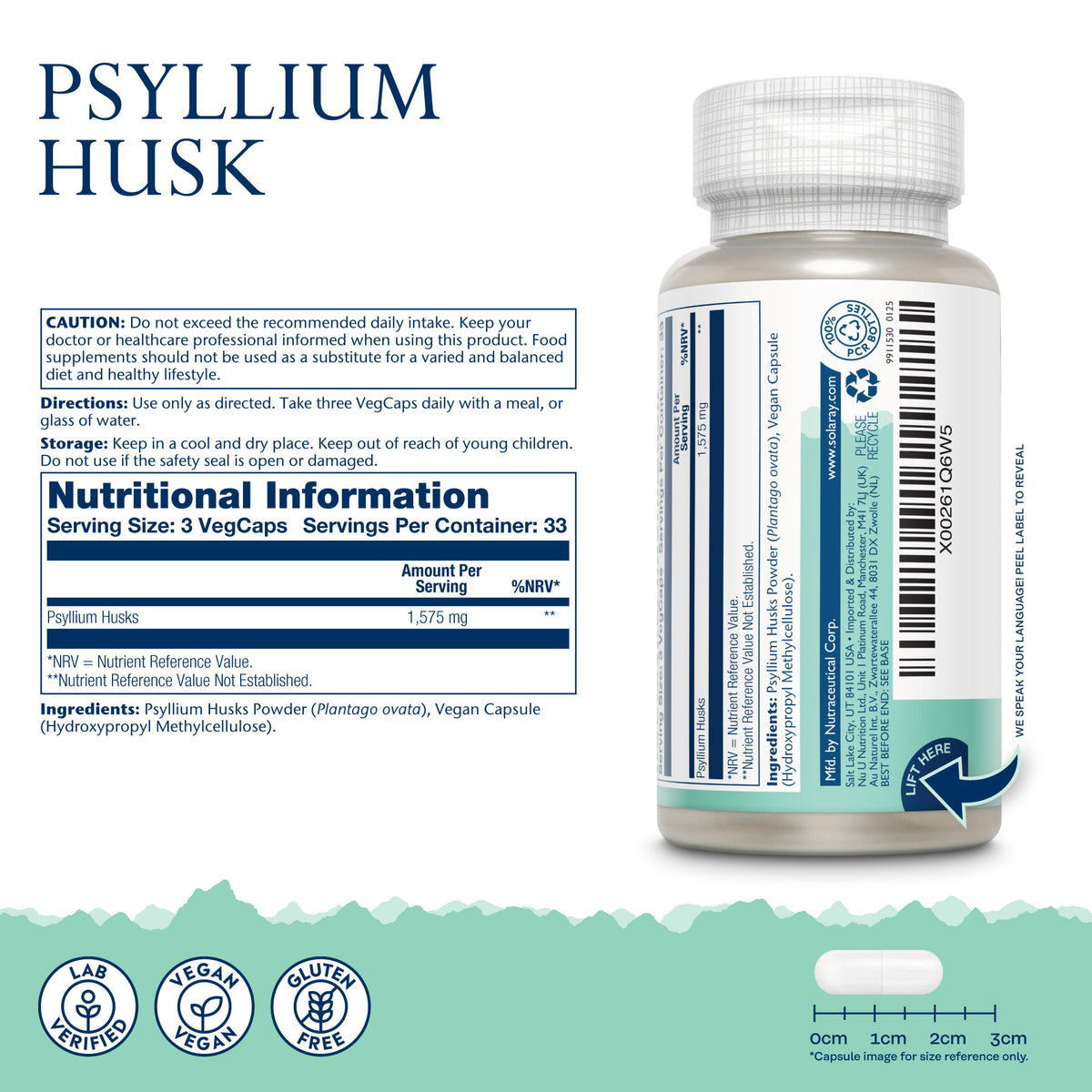 Una confezione bianca di Solaray Psyllium Husk, integratore vegano a base di fibre, con informazioni nutrizionali, avvertenze e icone che indicano l’assenza di OGM.