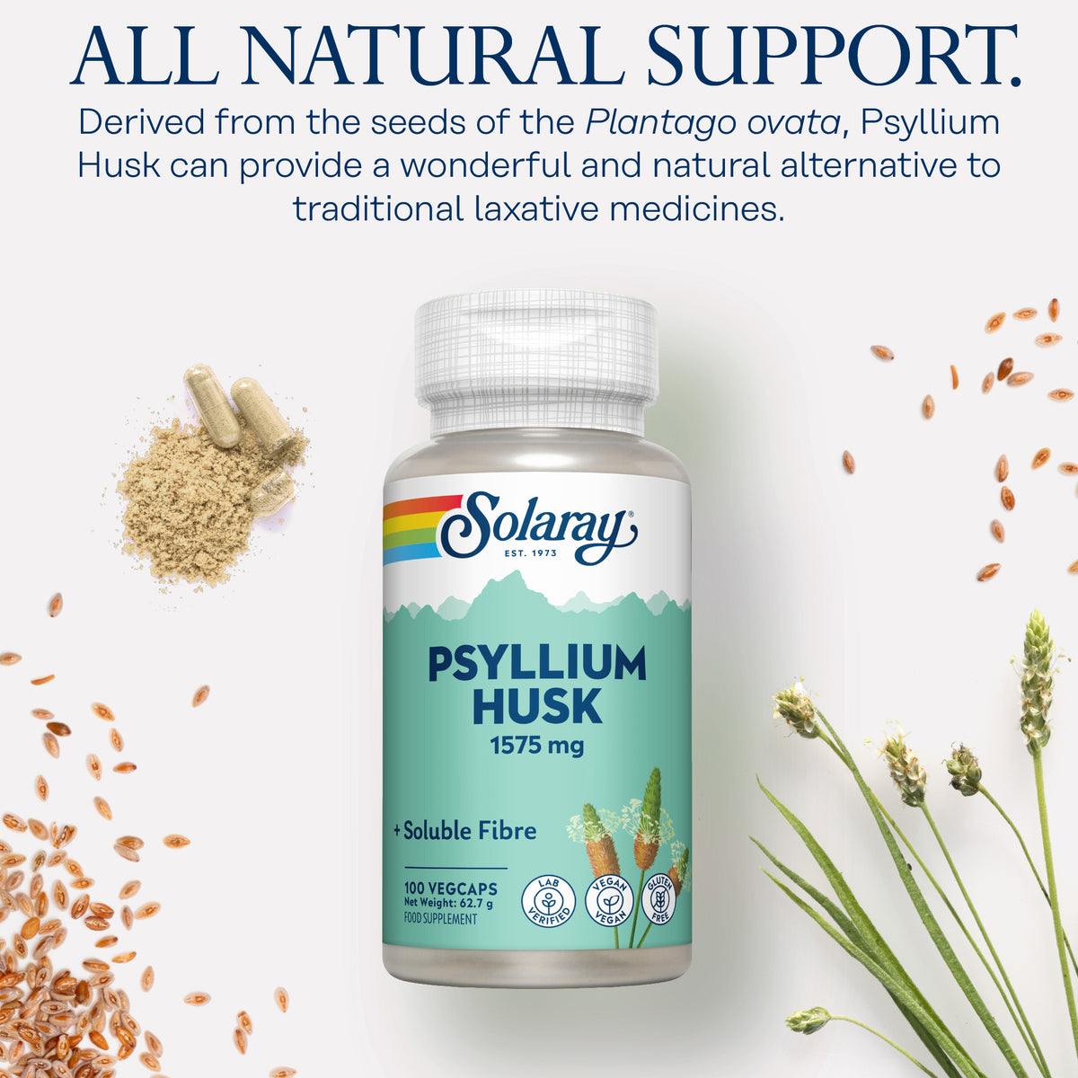 Solaray Psyllium Husk: integratore vegano a base di fibre per il benessere dell'apparato digerente, disponibile in polvere, capsule e in forma vegetale.
