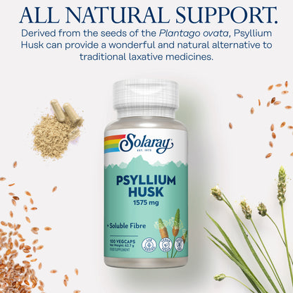 Solaray Psyllium Husk: integratore vegano a base di fibre per il benessere dell'apparato digerente, disponibile in polvere, capsule e in forma vegetale.