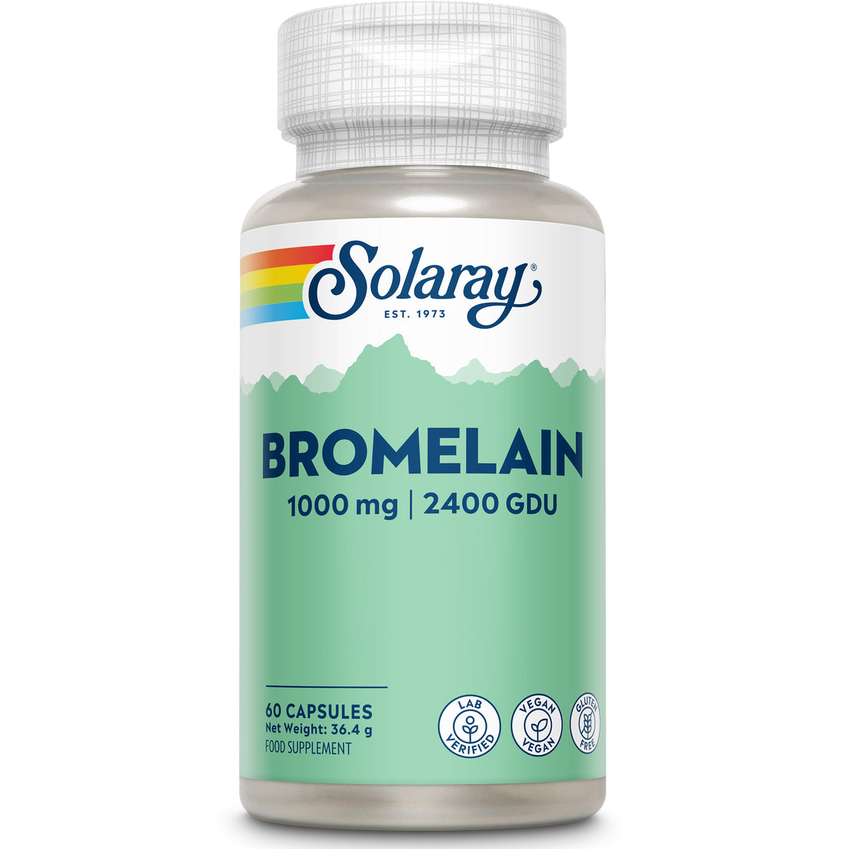 Solaray Bromelain, 1000 mg, 60 capsules—plant-based enzyme with rainbow logo and green label.