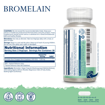 A white Solaray Bromelain bottle with plant-based enzyme info, supplement facts, vegan/gluten free icons, and cautions.