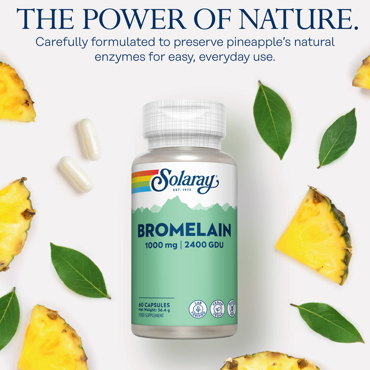 Solaray Bromelain capsules with pineapple slices, showcasing this plant-based proteolytic enzyme’s origin.