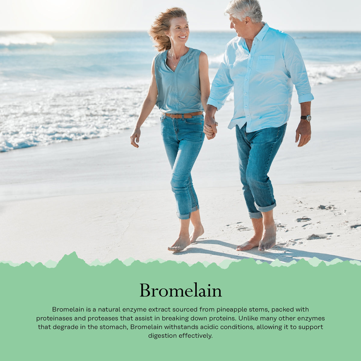 Older couple walks barefoot on a sandy beach, holding hands after taking Solaray Bromelain for joint comfort and vitality.