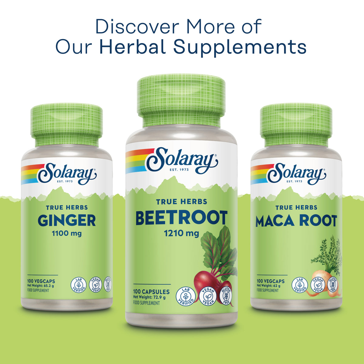 Three Solaray vegan herbal bottles: Ginger, Beet Root, and Maca Root on a clean white and green background.