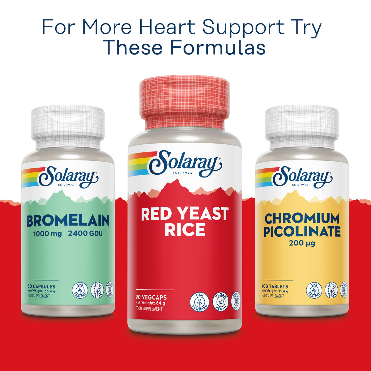 Tre flaconi Solaray: bromelina, capsule vegane di riso rosso fermentato e picolinato di cromo per il benessere cardiaco.