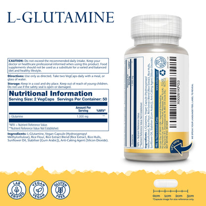 Take 2 Solaray L-Glutamine vegan capsules daily with food or water. Store cool, dry. Keep out of children’s reach.