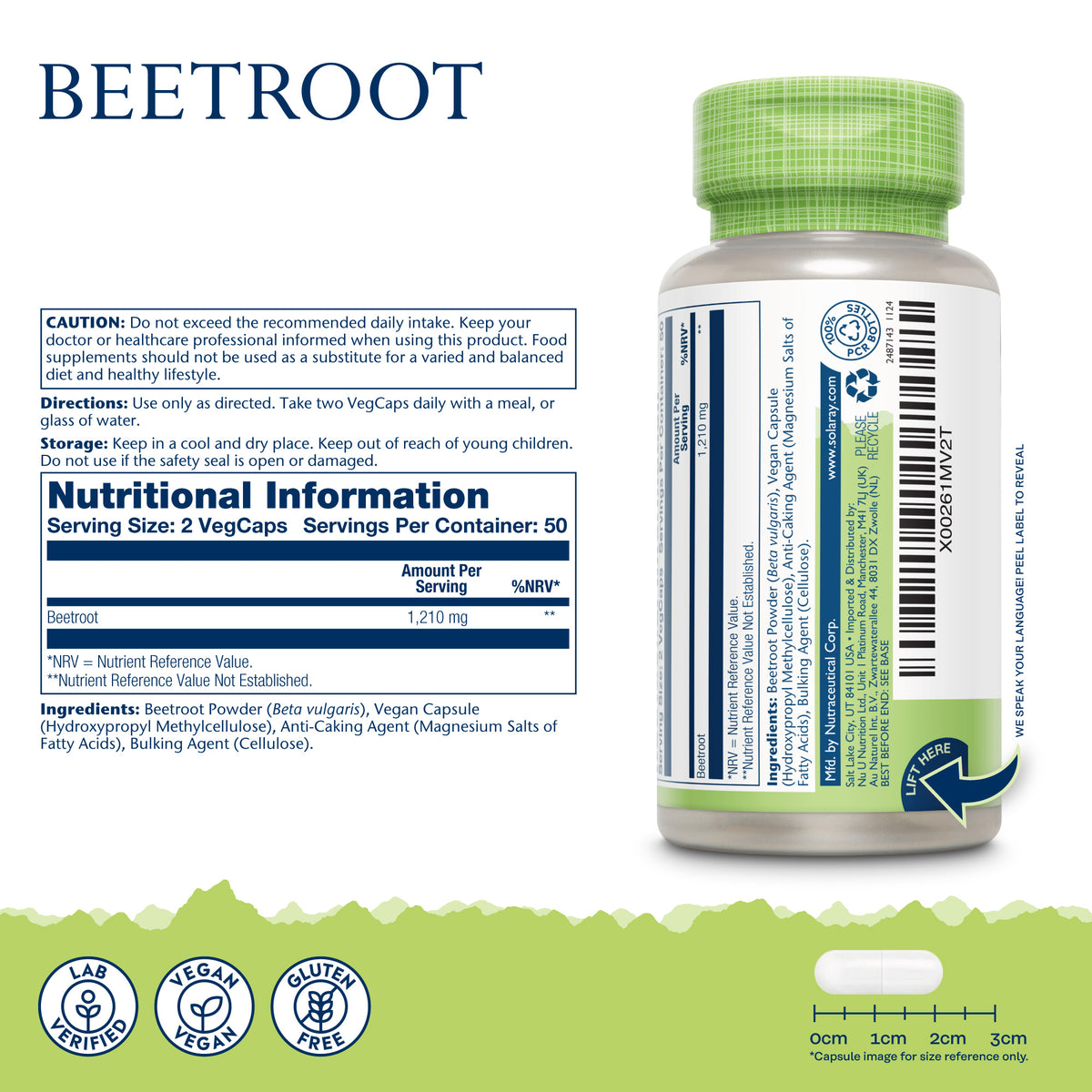 The Solaray Beet Root bottle features label info, nutrition facts, vegan icons, and beetroot powder ingredients.