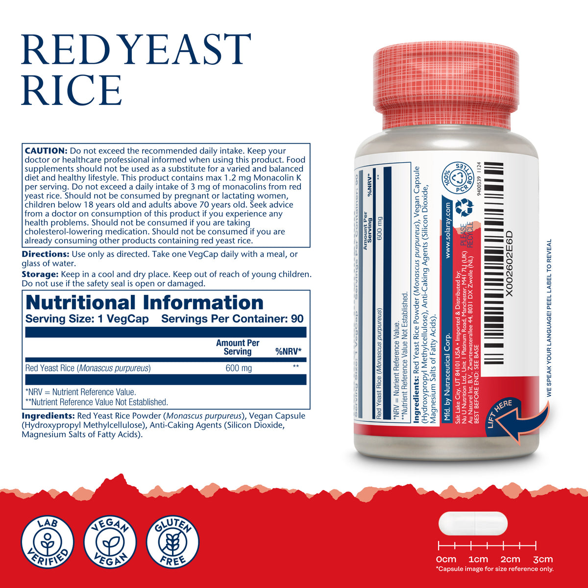 Flacone di riso rosso fermentato Solaray: capsule vegane, informazioni nutrizionali, avvertenze, dettagli sulla monacolina K, icone di certificazione di laboratorio.