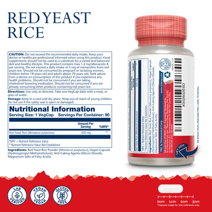 Flacone di riso rosso fermentato Solaray: capsule vegane, informazioni nutrizionali, avvertenze, dettagli sulla monacolina K, icone di certificazione di laboratorio.