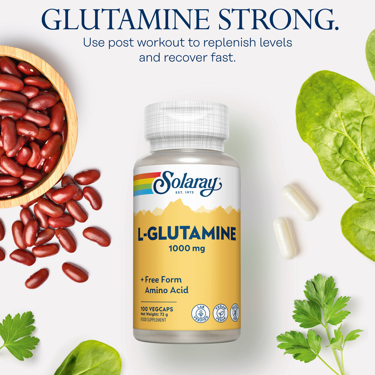 Solaray L-Glutamine bottle with kidney beans, spinach, and two amino acid capsules on a white background.