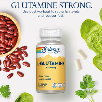 Solaray L-Glutamine bottle with kidney beans, spinach, and two amino acid capsules on a white background.