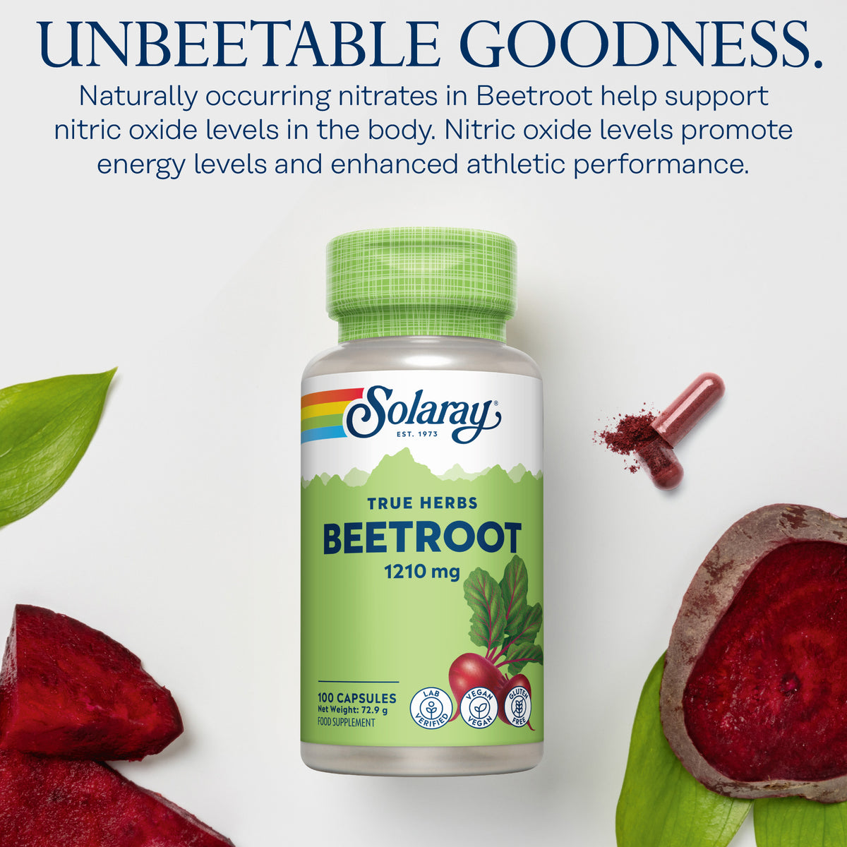 Solaray Beet Root: vegan capsules, powder & slices on white surface—plant-based supplement.