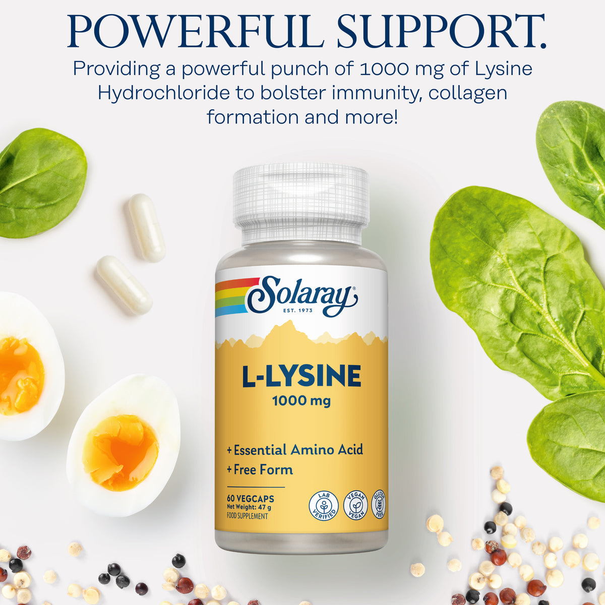 Solaray L-Lysine supplement bottle shown with eggs, spinach, and capsules highlights this essential amino acid.