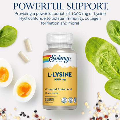 Solaray L-Lysine supplement bottle shown with eggs, spinach, and capsules highlights this essential amino acid.