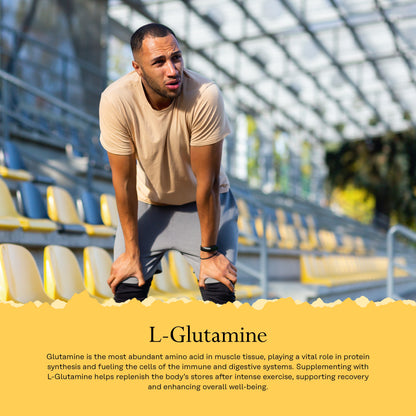 A tired man in sportswear leans on his knees in an empty stadium. Solaray L-Glutamine: support your vegan recovery.