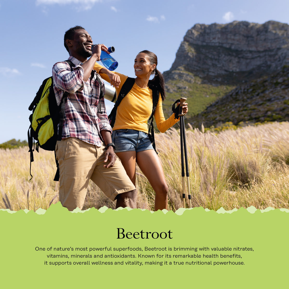 A couple hikes; he drinks water, she holds trekking poles. Beet Root by Solaray text is below.
