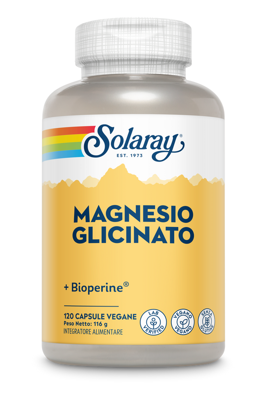 Un flacone di Solaray Magnesio Glicinato, etichetta gialla, 120 capsule vegane.