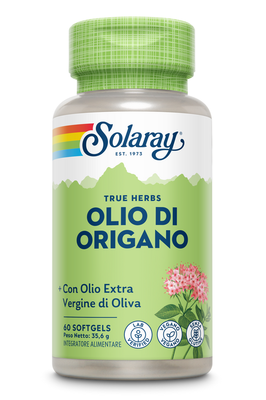Le capsule molli Solaray Olio di Origano, con etichetta verde, contengono olio extravergine di oliva.
